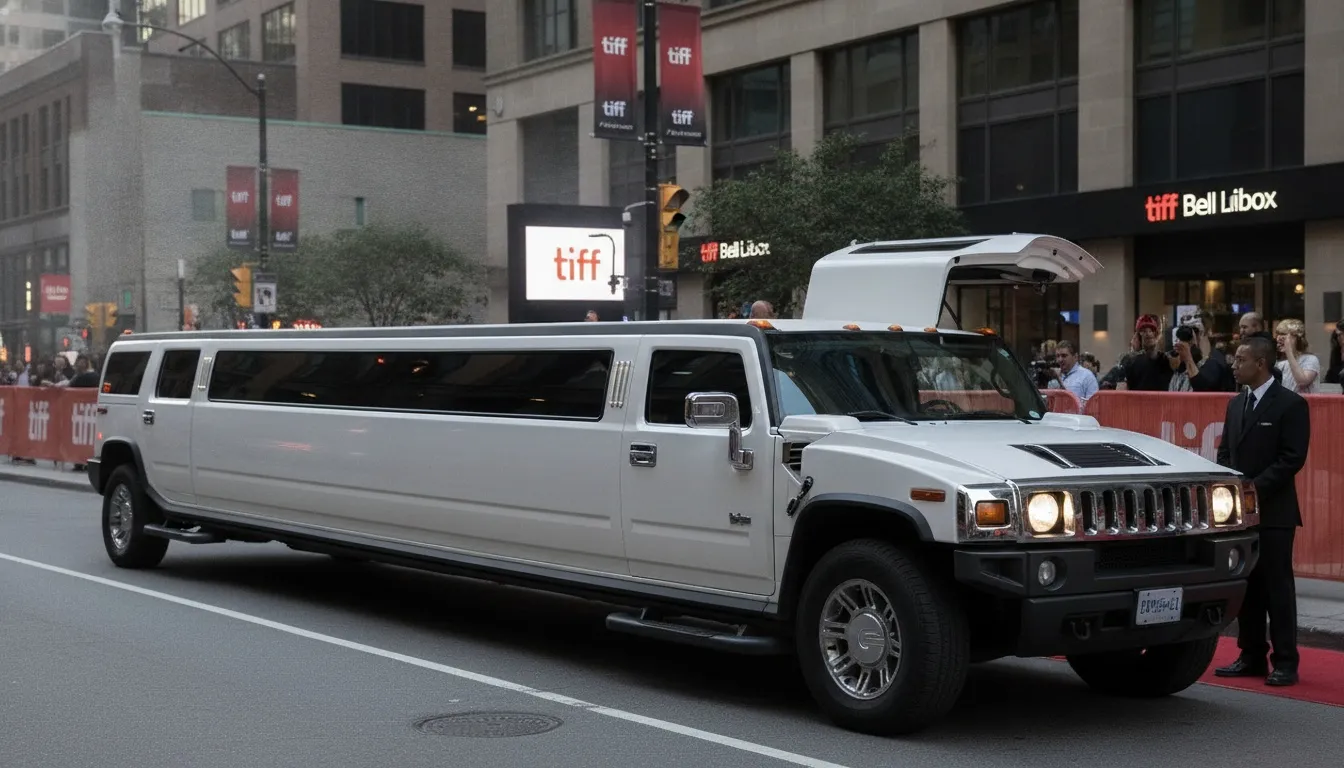 A long white Hummer stretch limousine parked outside the TIFF Bell Lightbox in downtown Toronto with chauffeur.