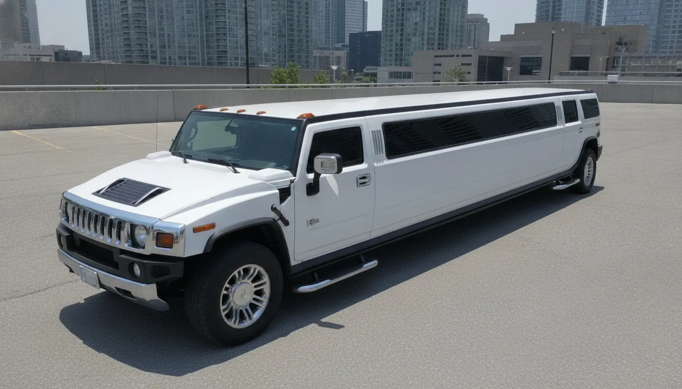 White stretch Hummer limousine parked on a rooftop lot with downtown Toronto skyscrapers behind it.