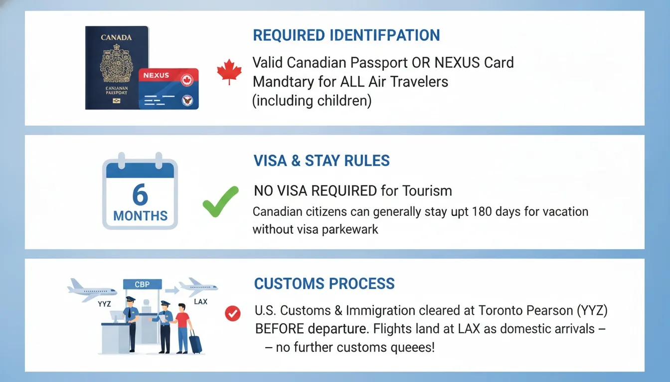 An infographic detailing ID requirements, visa rules, and US pre-clearance customs processes at Toronto Pearson YYZ airport.