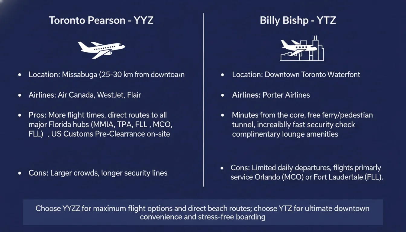 An infographic comparing features, pros, and cons of Toronto Pearson YYZ and Billy Bishop YTZ airports.