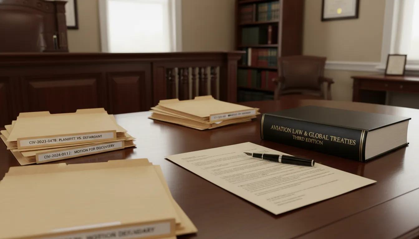 A close-up photograph of legal litigation files, corporate law books, and official court documents representing the active passenger lawsuits against Delta Airlines after the plane crash at Pearson Airport.