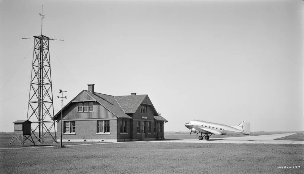 Black and white historical photo of the original 1930s Malton Airport terminal building and radio transmitter tower in Mississauga Ontario