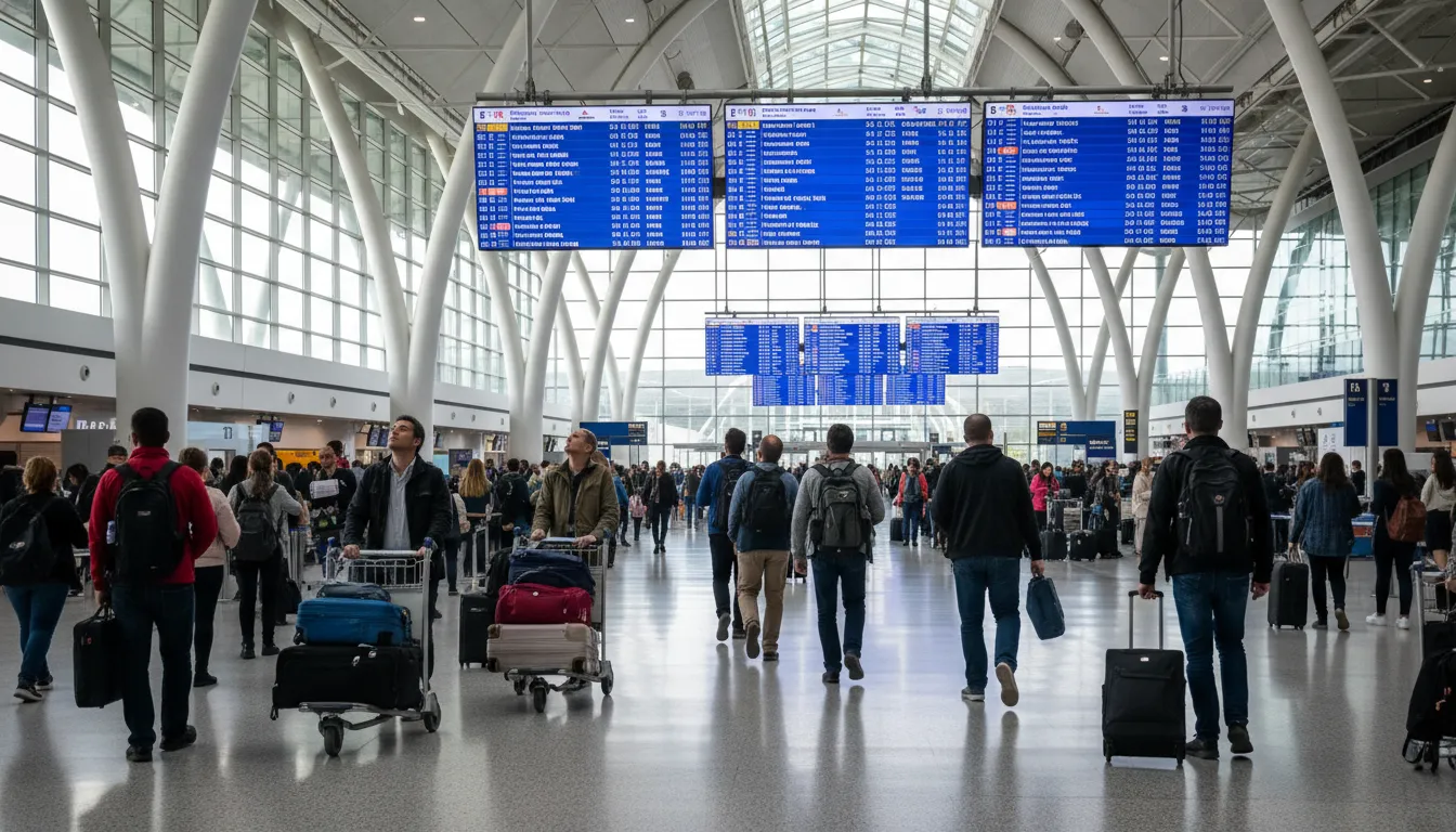 A wide shot of the busy departures level check-in area inside Toronto Pearson Airport Terminal 1, showing passengers with luggage underneath large digital flight status screens.