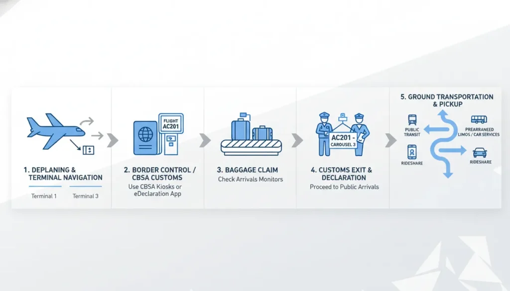 A step-by-step visual flowchart showing the passenger arrivals process at Toronto Pearson Airport, from deplaning and CBSA customs to baggage claim and ground transportation exits.
