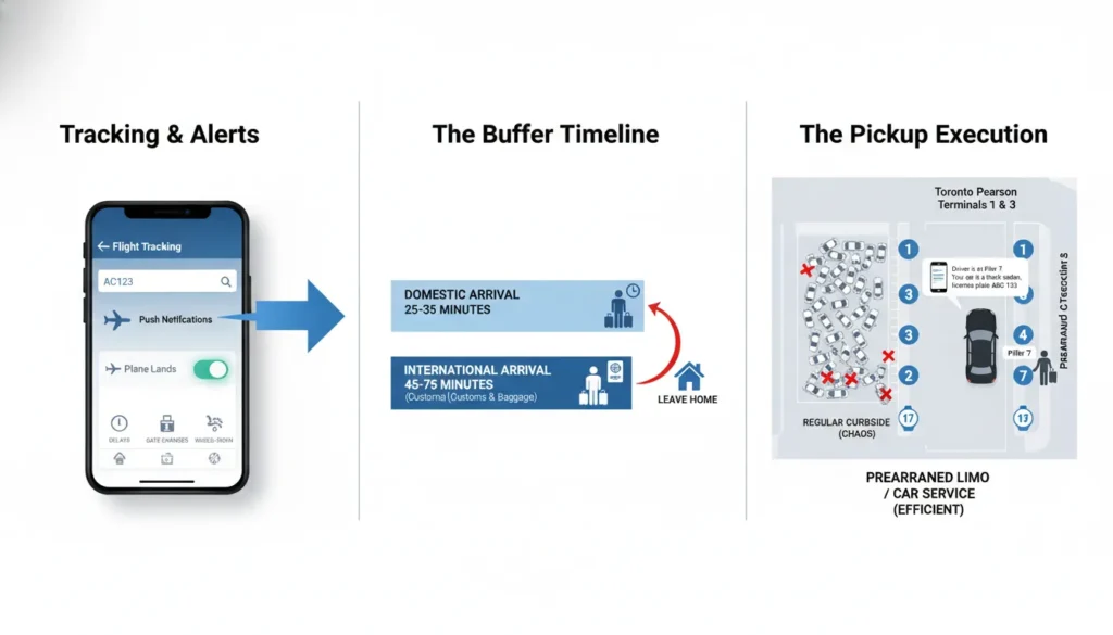 Infographic showing how to set up real-time Toronto Pearson airport flight status alerts on a smartphone, displaying step-by-step instructions from tracking a flight number to coordinating a curbside pickup time.
