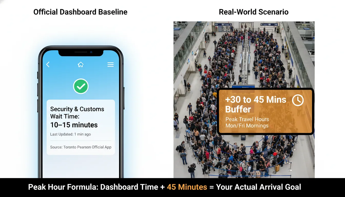 A side-by-side comparison infographic showing the official Toronto Pearson airport digital wait time dashboard screen next to a realistic, busy airport security line timeline with estimated delay buffers.
