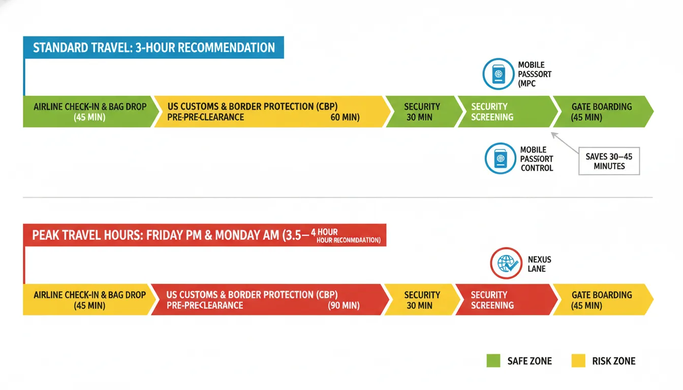 Infographic timeline showing required arrival times for US flights from Toronto Pearson Airport, highlighting the difference between standard security and US pre-clearance lines during peak and off-peak hours.