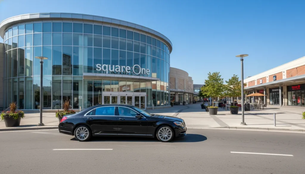 Modern exterior view of Square One Shopping Centre in Mississauga near Toronto Pearson Airport with clear blue sky