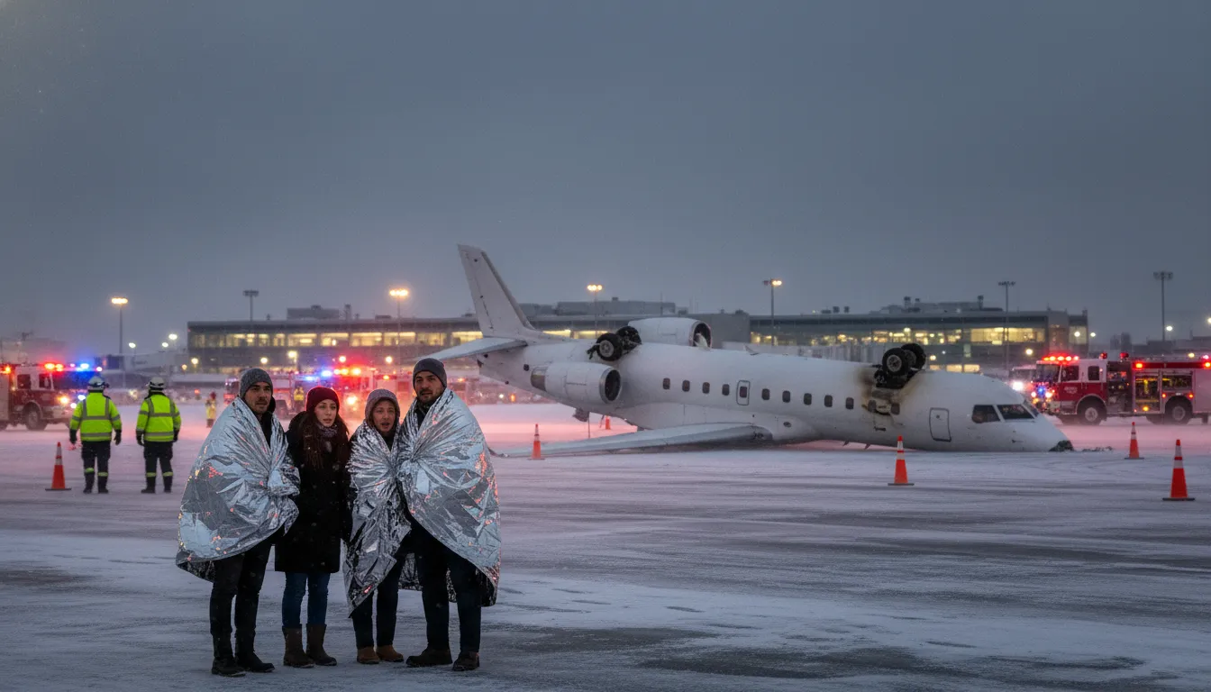 Injured passengers wrapped in emergency thermal blankets standing on the snowy tarmac at Toronto Pearson International Airport after the Delta Flight 4819 plane crash, with the overturned aircraft and emergency vehicles in the background.