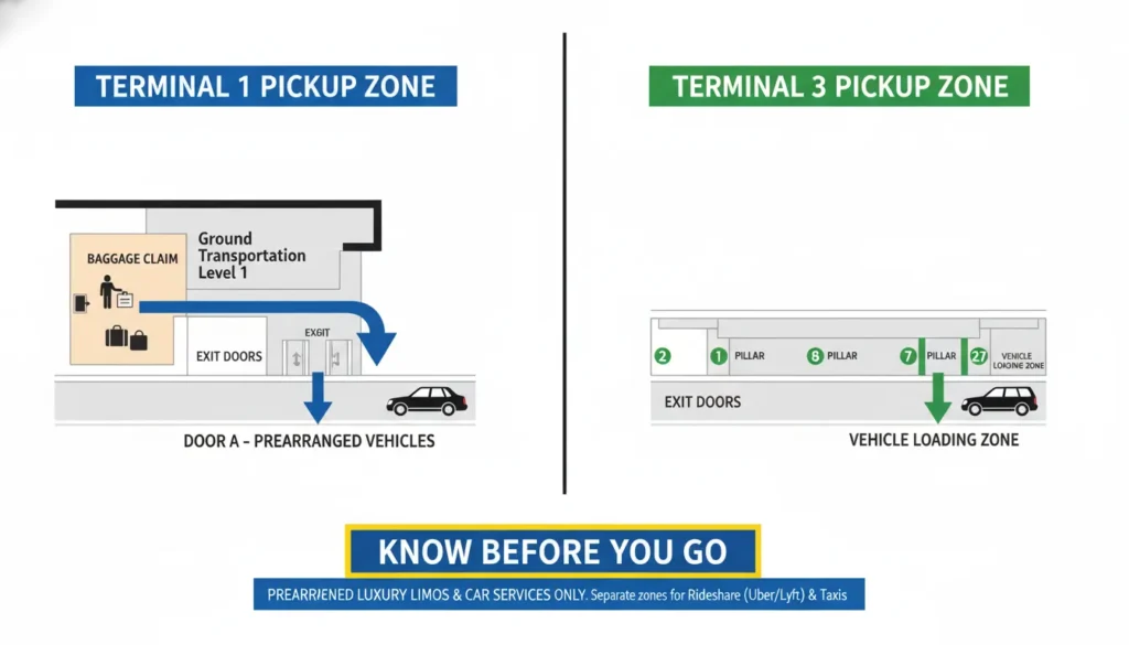A side-by-side comparison map of Toronto Pearson Airport Terminal 1 and Terminal 3, highlighting the exact prearranged limo and car service pickup zones on the arrivals levels.