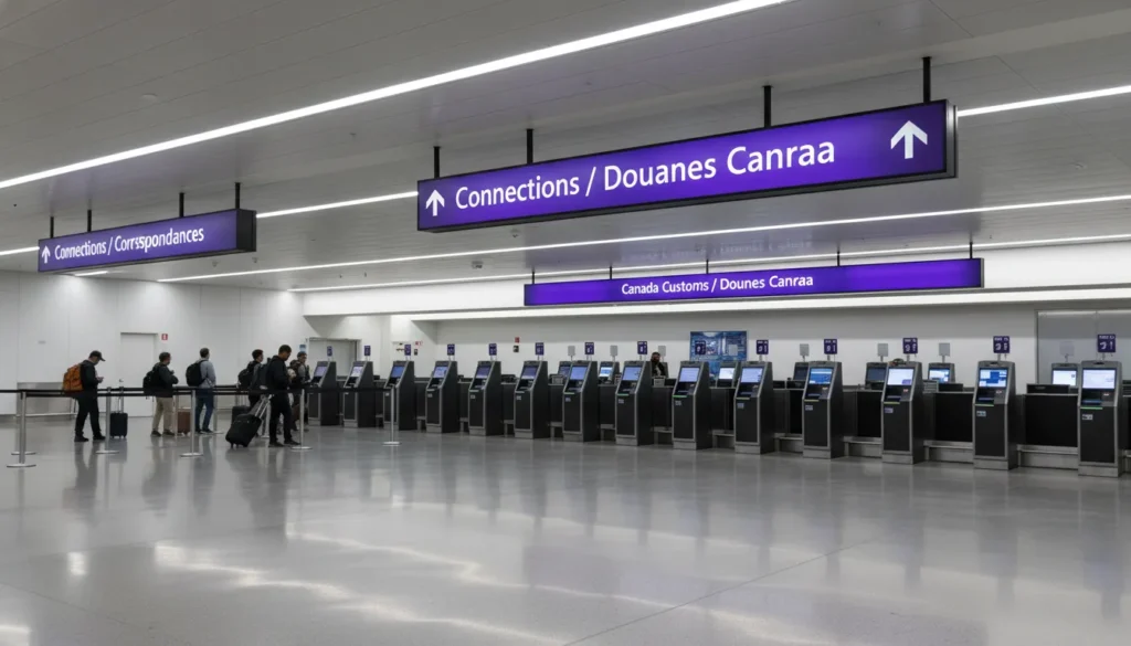 Bilingual purple directional signage for Connections and Canada Border Services Agency customs kiosks inside the Toronto Pearson Airport arrivals hall