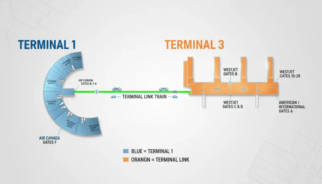 Modern graphical map diagram showing the separate building layouts of Terminal 1 and Terminal 3 at Toronto Pearson Airport with the connecting Terminal Link Train track