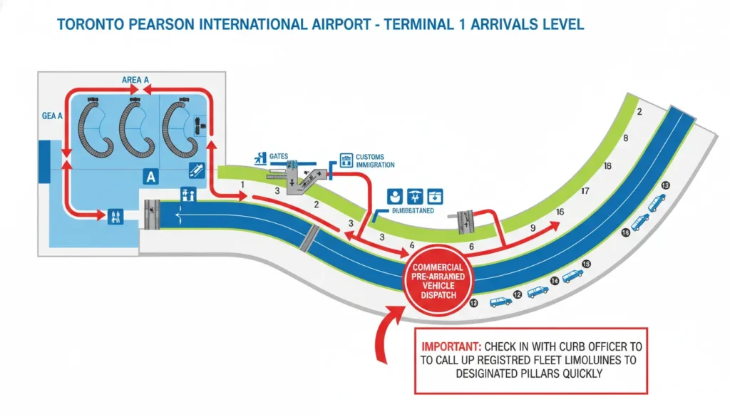 Detailed map graphic showing the exact walk path from Terminal 1 arrivals baggage claim to the outer commercial curb pre-arranged pickup point at Area A