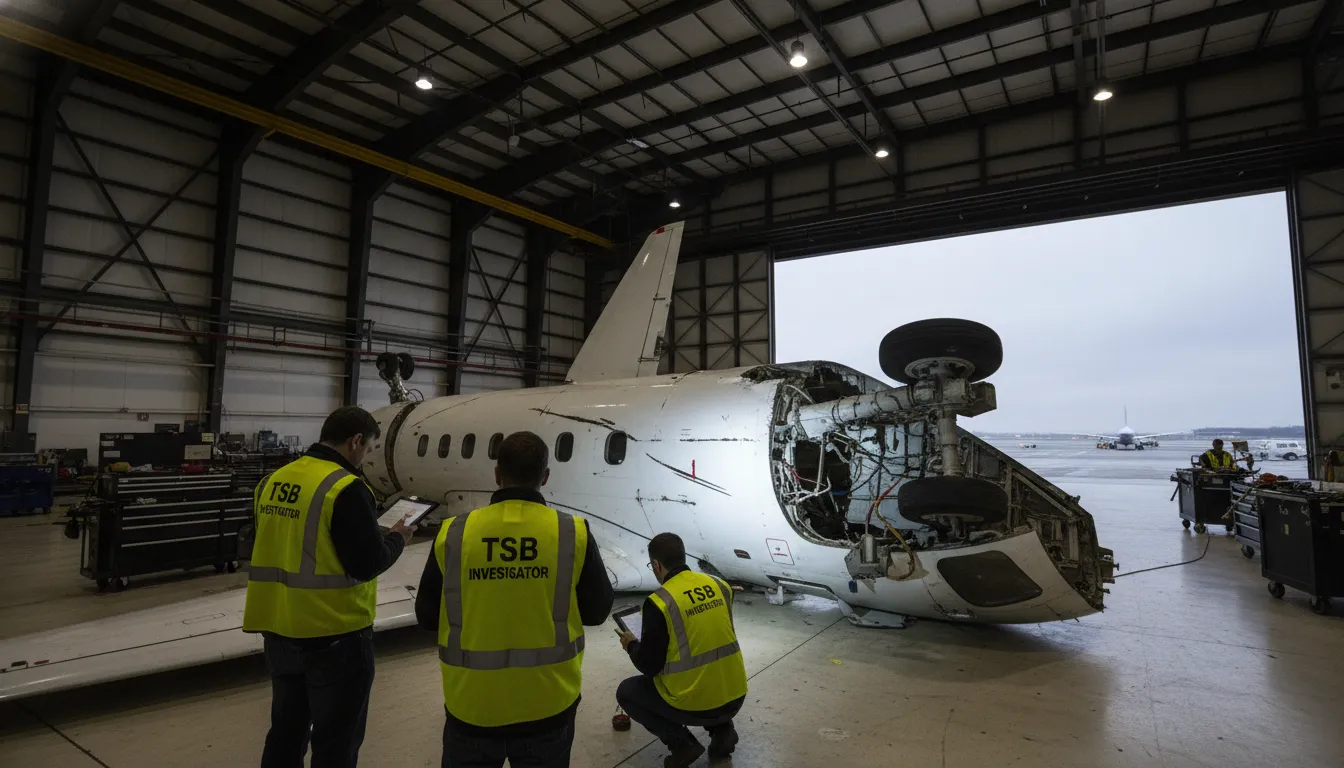 Transportation Safety Board of Canada (TSB) safety investigators in high-visibility jackets inspecting the fractured landing gear and right wing box structure of the upside-down Delta Flight 4819 inside a secure hangar at Toronto Pearson Airport.