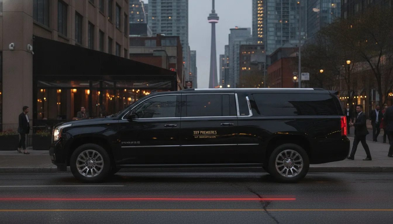 A sleek black luxury SUV limousine parked on a Toronto street with the CN Tower in the background.