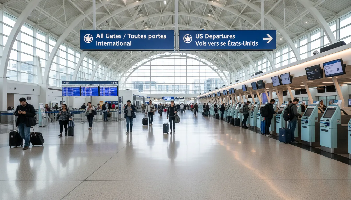 A real-world view of the busy pedestrian walkways and overhead terminal signage inside Toronto Pearson Airport Terminal 1 Departures level.