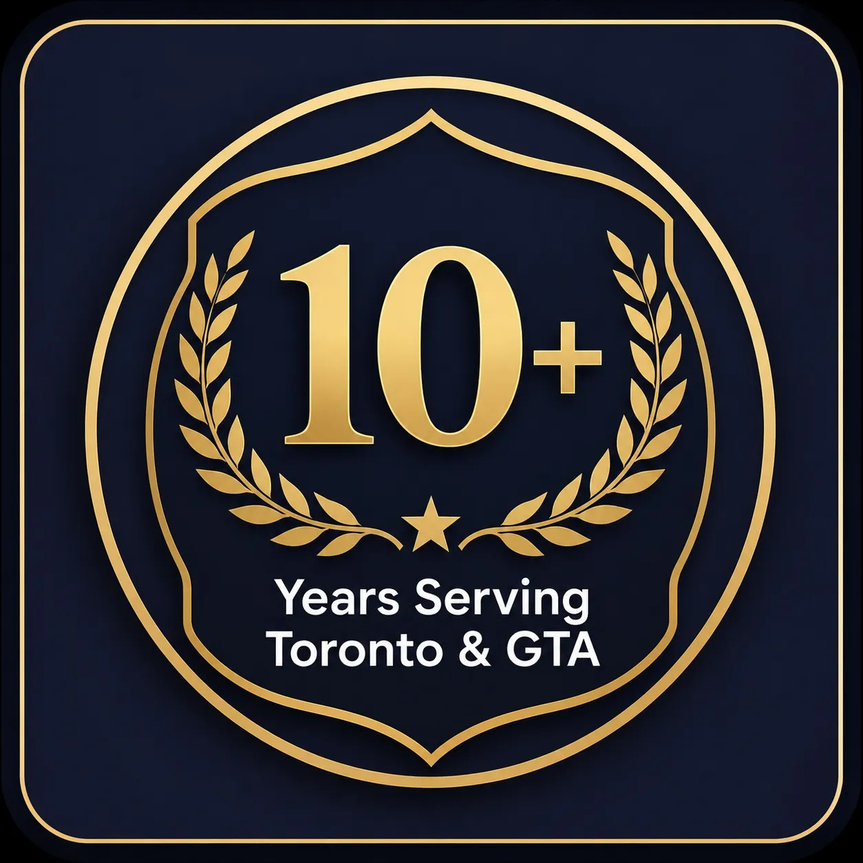 Golden shield emblem celebrating over 10 years of Vip Airport Limo Services Party Bus & Event Limo serving Toronto and the Greater Toronto Area on a premium dark blue background.