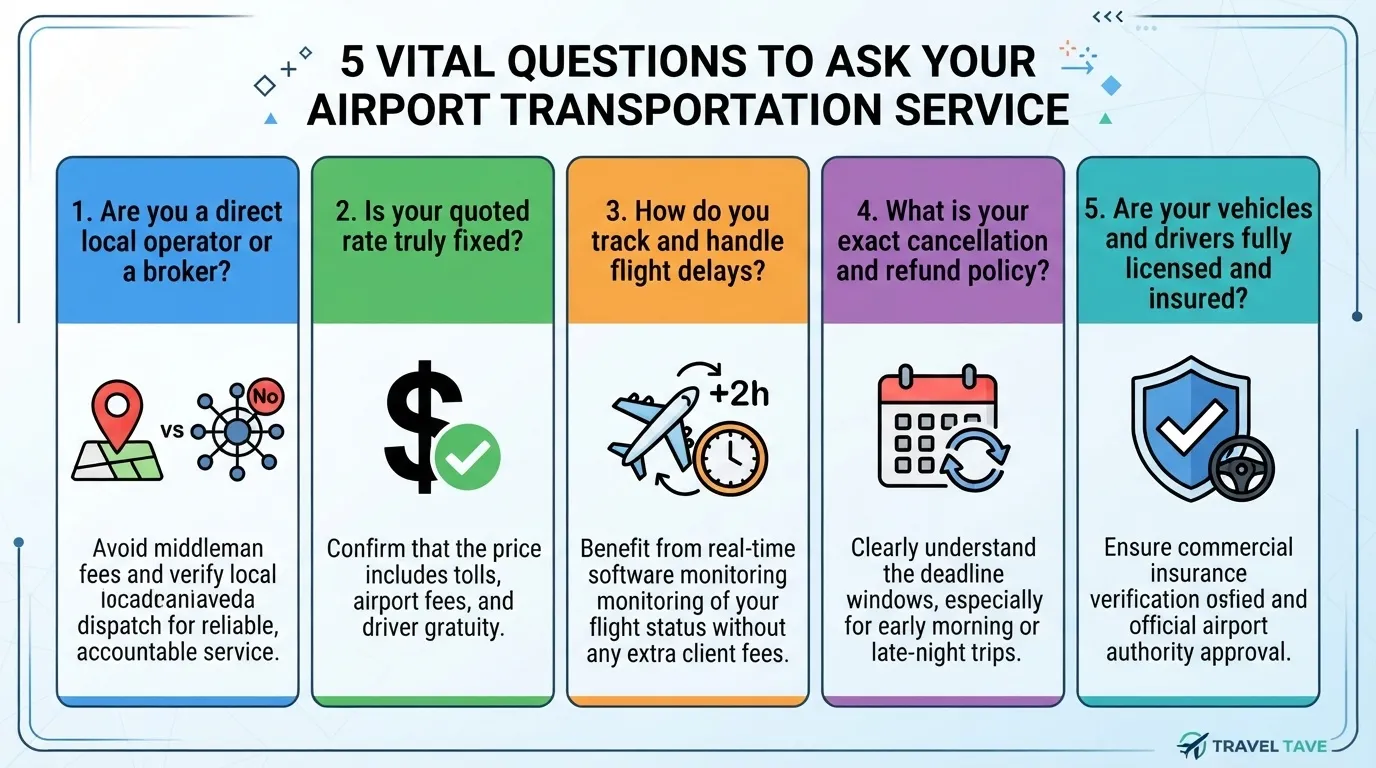 An infographic highlighting 5 vital questions to ask your airport transportation service: operator vs broker, fixed rates, flight delay tracking, cancellation policies, and licensing.