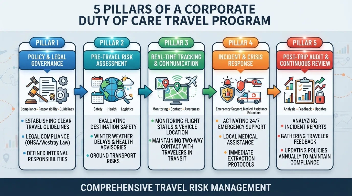 An infographic detailing the 5 pillars of corporate duty of care travel programs: Policy & Legal Governance, Pre-Travel Risk Assessment, Real-Time Tracking, Incident Response, and Post-Trip Audit.