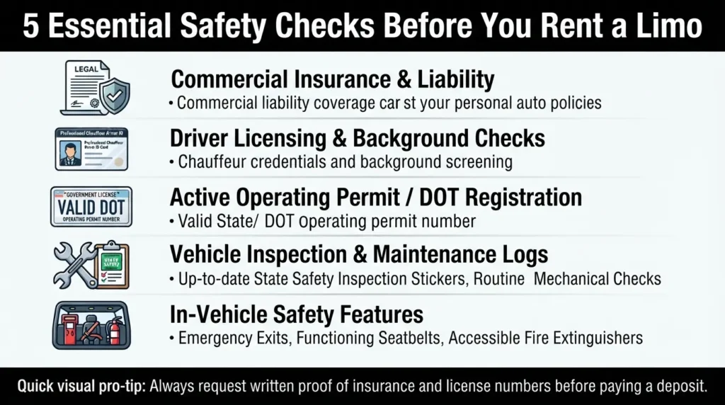 A checklist showing the 5 key safety items to inspect before booking a limousine, including driver license verification, commercially licensed insurance, fleet maintenance records, safety inspection decals, and emergency exits.