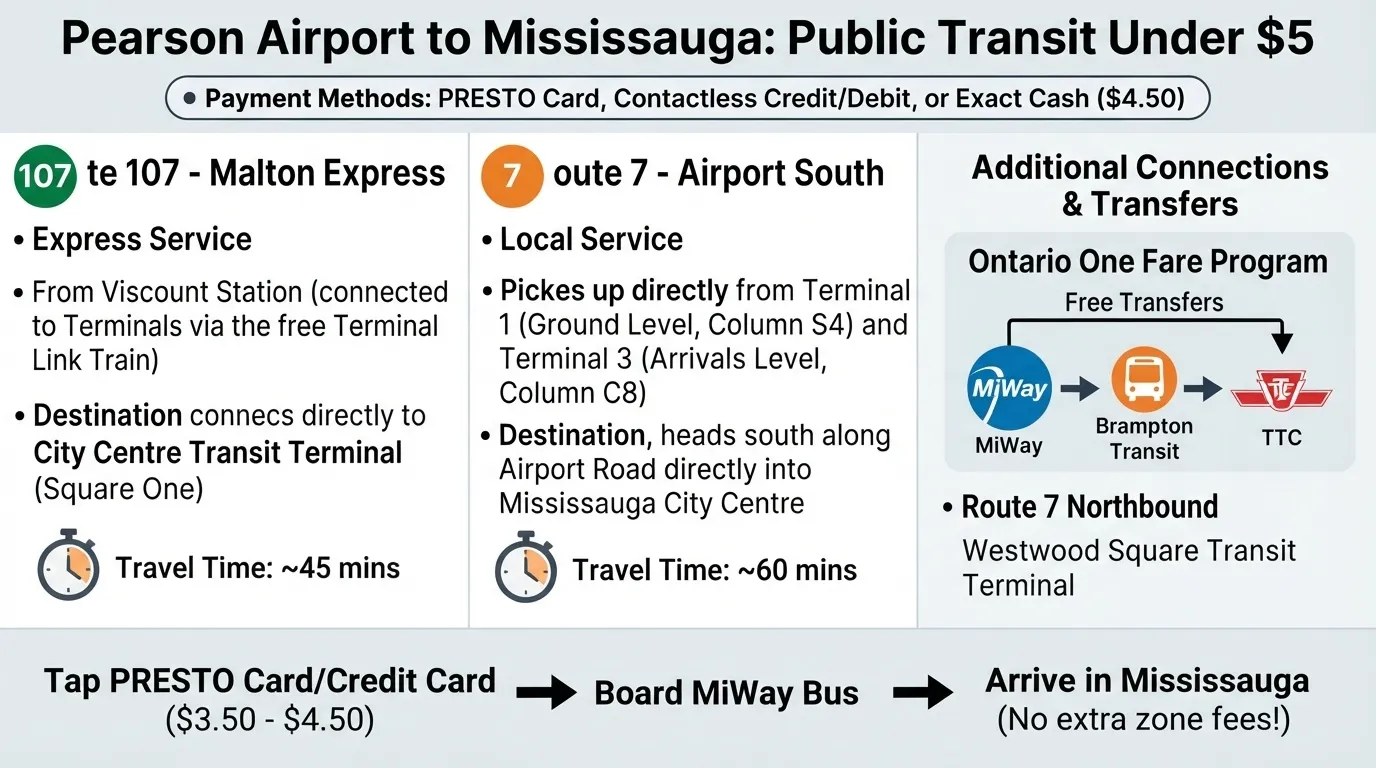 An informative infographic detailing cheap public transit options under $5 from Pearson Airport to Mississauga using MiWay bus routes 107 and 7.