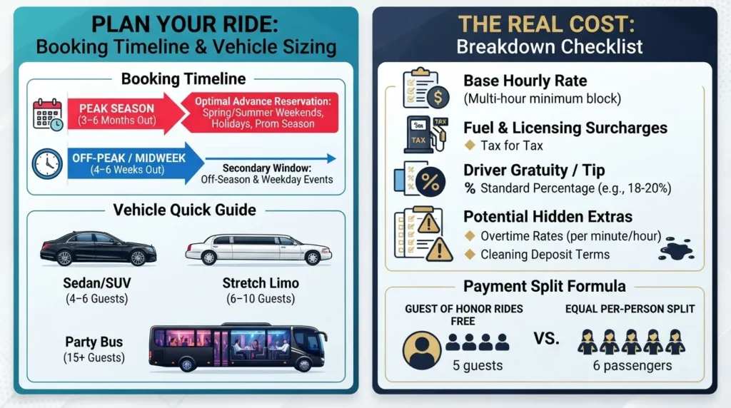 Infographic chart detailing limousine booking lead times (3–6 months for peak season vs. 4–6 weeks for off-peak) alongside a total rental cost breakdown showing hourly rates, fuel surcharges, driver gratuity, and extra fees.
