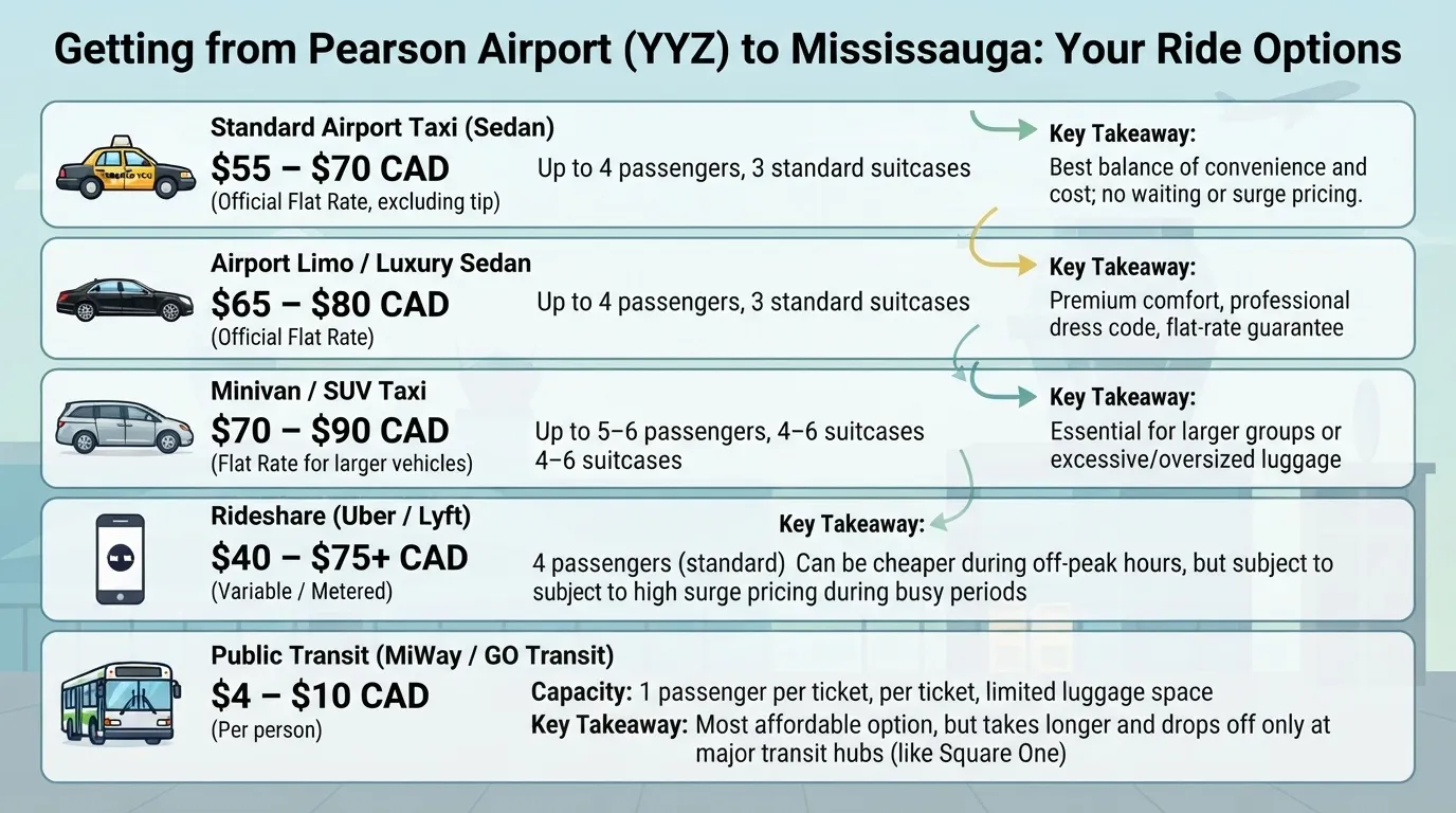 An infographic comparing five ride options from Pearson Airport (YYZ) to Mississauga, including Standard Airport Taxi, Airport Limo/Luxury Sedan, Minivan/SUV Taxi, Rideshare, and Public Transit, with estimated costs, passenger capacity, and key takeaways for each.