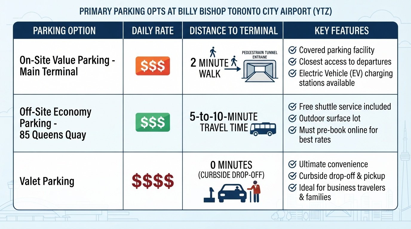 Infographic comparing parking options at Billy Bishop Toronto City Airport (YTZ), including On-Site Value Parking, Off-Site Economy Parking at 85 Queens Quay, and Curbside Valet Parking with rates and key features.