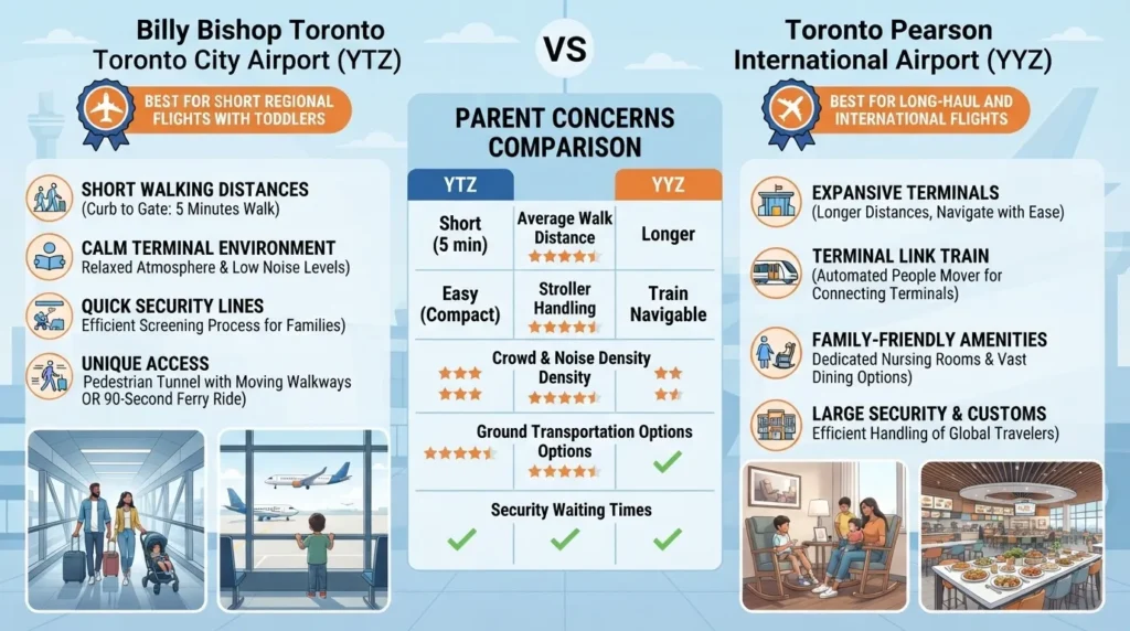 An infographic comparison guide between Billy Bishop Toronto City Airport (YTZ) and Toronto Pearson International Airport (YYZ), highlighting family-friendly features, walk distances, security times, and transit options for parents traveling with toddlers.