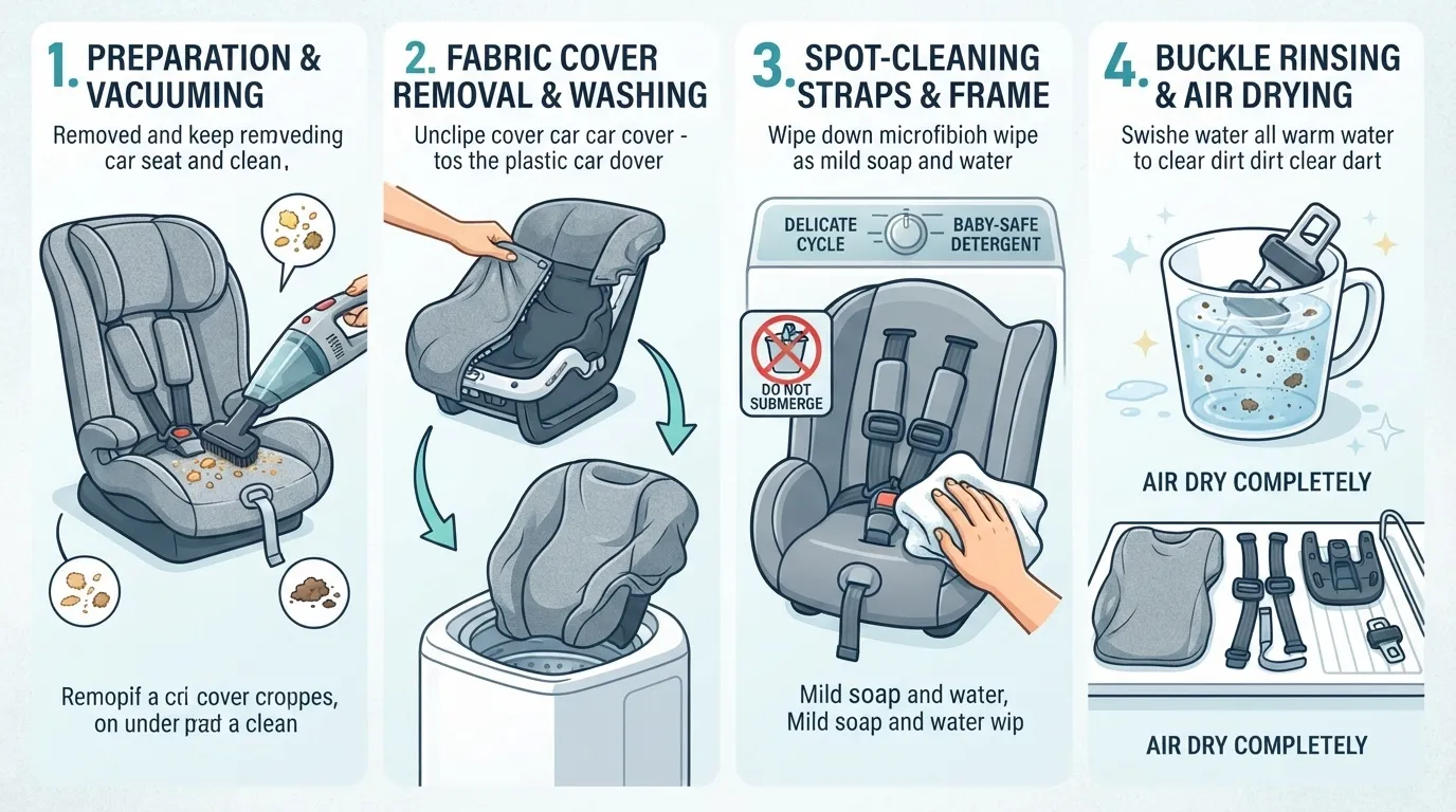A detailed 4-step infographic showing how to clean a baby car seat through vacuuming, washing covers, spot-cleaning, and rinsing buckles, reflecting the high sanitation standards of VIP Airport Limo.