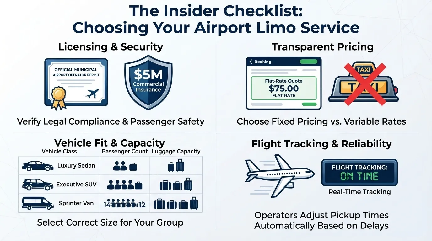 An infographic checklist for selecting an airport limo service, featuring licensing and security, transparent flat-rate pricing, a vehicle capacity guide, and real-time flight tracking details.