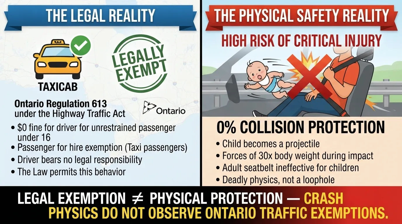 An infographic contrasting the legal loophole of Ontario Regulation 613 for taxicabs with the dangerous physical reality of unrestrained children in car crashes.