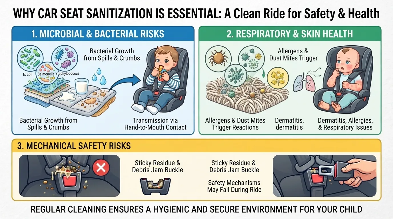 Infographic explaining why car seat sanitization is essential, highlighting microbial risks, respiratory and skin health issues, and mechanical safety risks like jammed buckles.