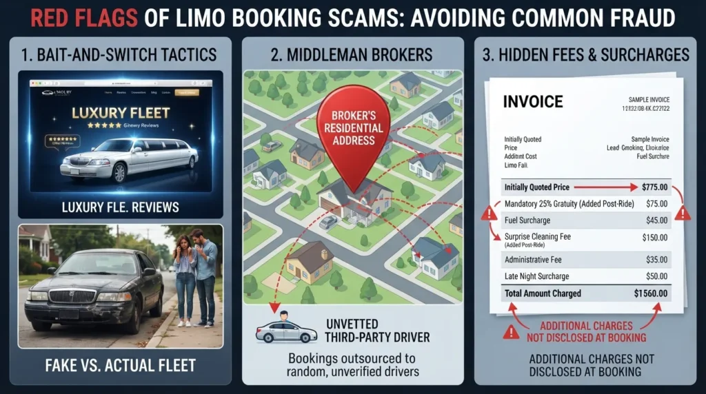 Infographic displaying common limo booking scams, including bait-and-switch fleet photos, unvetted middleman brokers, and hidden extra fees on final receipts.