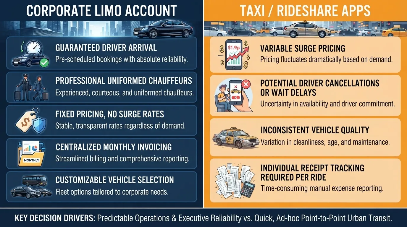 An infographic comparing the benefits of a Corporate Limo Account with VIP Airport Services (guaranteed arrival, professional chauffeurs, fixed pricing, monthly invoicing) versus standard rideshare app disadvantages (surge pricing, cancellations, inconsistent quality).