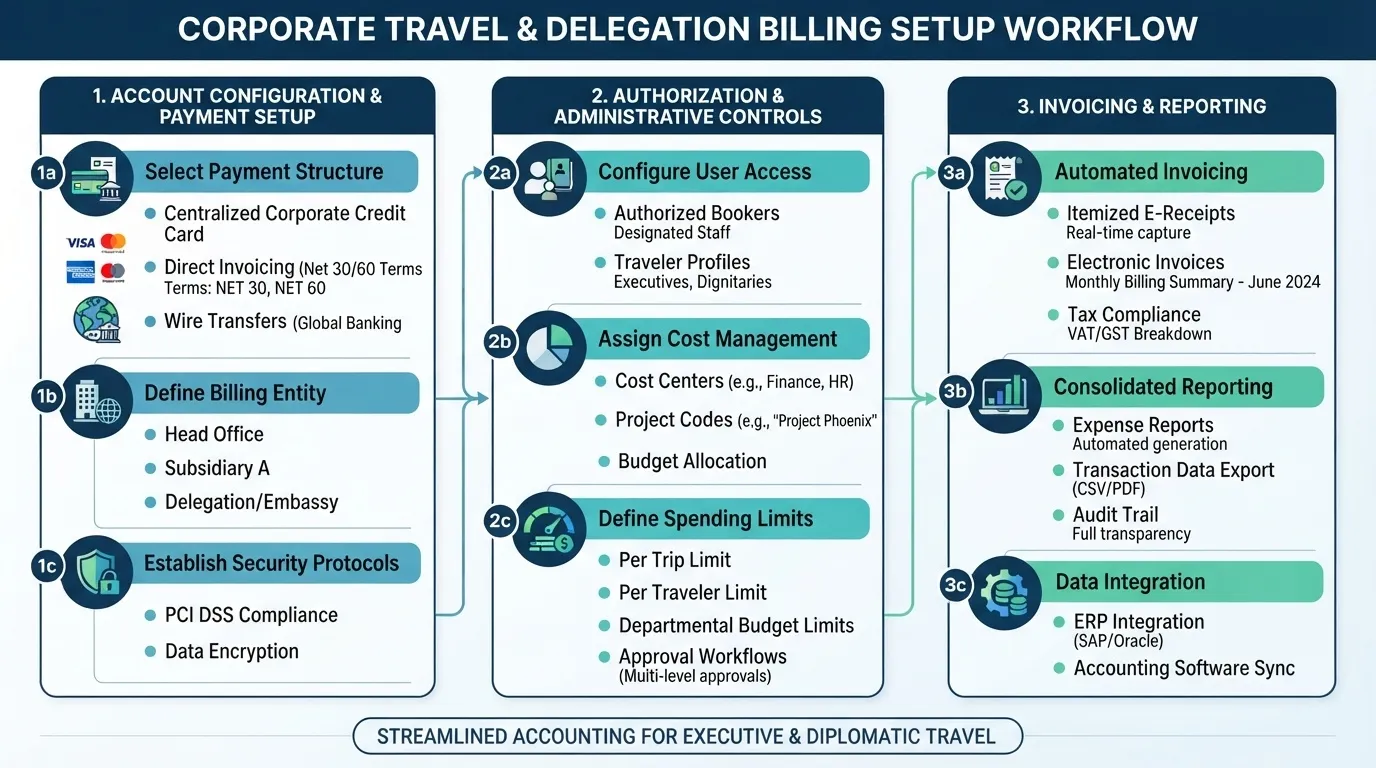 An infographic detailing the Corporate Travel and Delegation Billing Setup Workflow, showing steps for Account Configuration, Administrative Controls, and Invoicing & Reporting for executive travel.