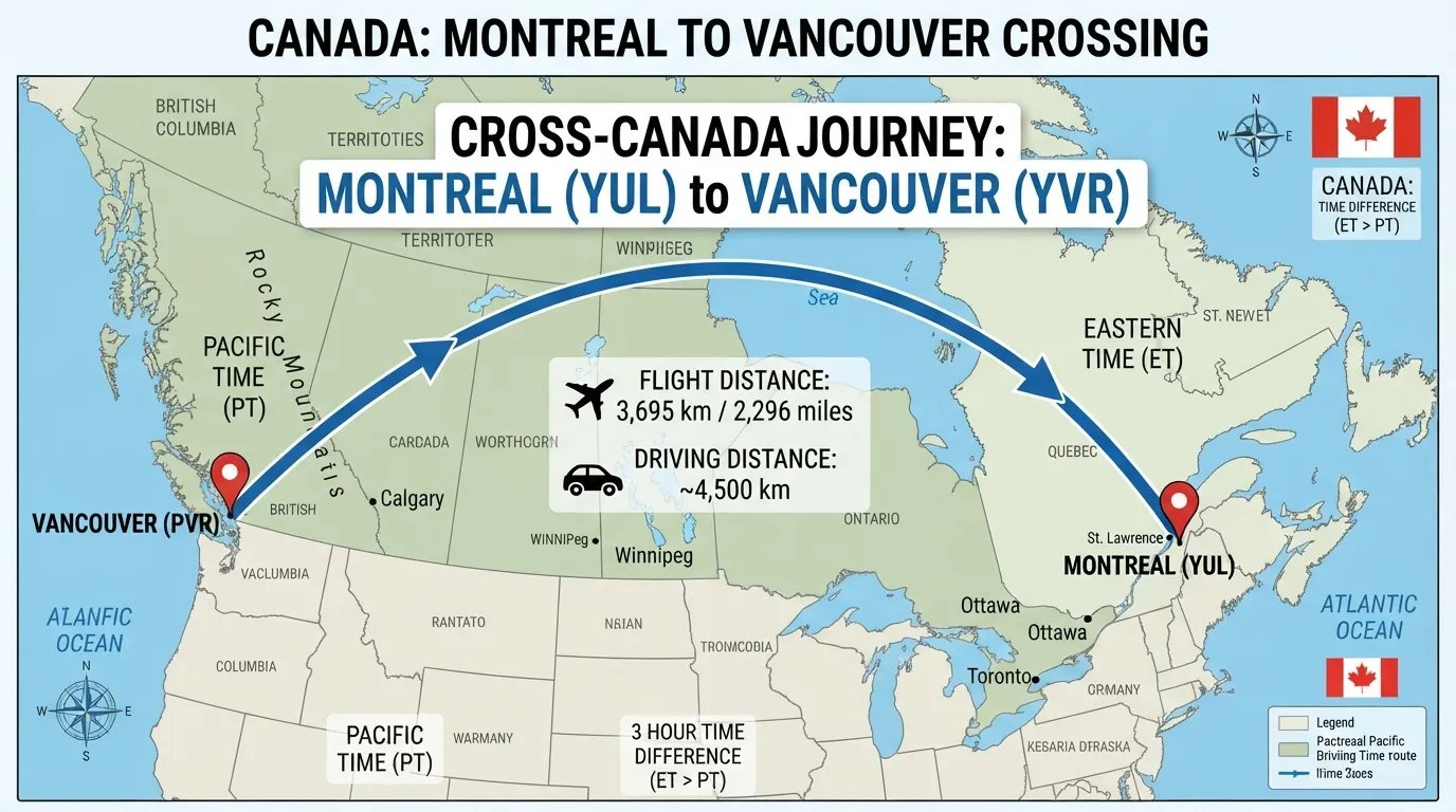 An illustrative map of Canada showing the travel route from Montreal (YUL) to Vancouver (YVR), detailing flight and driving distances along with timezone changes.