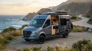 A grey custom-converted Mercedes Sprinter camper van parked on a coastal cliffside dirt road, featuring an open side door showing a warm wood interior.