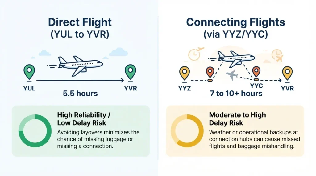 An infographic comparing a direct flight from YUL to YVR taking 5.5 hours with high reliability, against connecting flights via YYZ or YYC taking 7 to 10+ hours with a moderate to high delay risk.