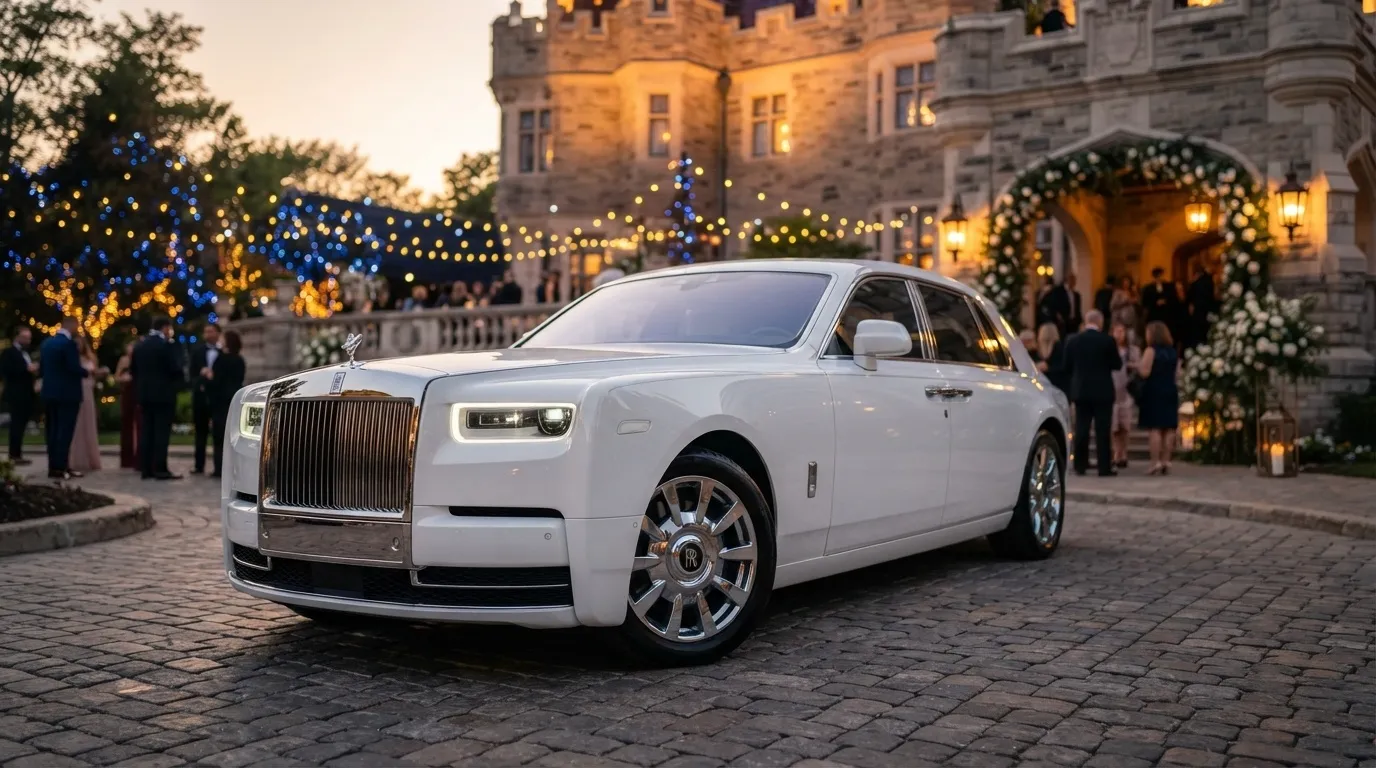 A luxury white Rolls-Royce wedding car parked outside a grand castle venue in Toronto, representing Vip Airport Limo Services' premier wedding transportation.