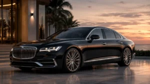 A luxury black sedan parked outside a modern building at sunset, representing VIP Pearson Airport Hamilton's executive chauffeur service in Toronto.