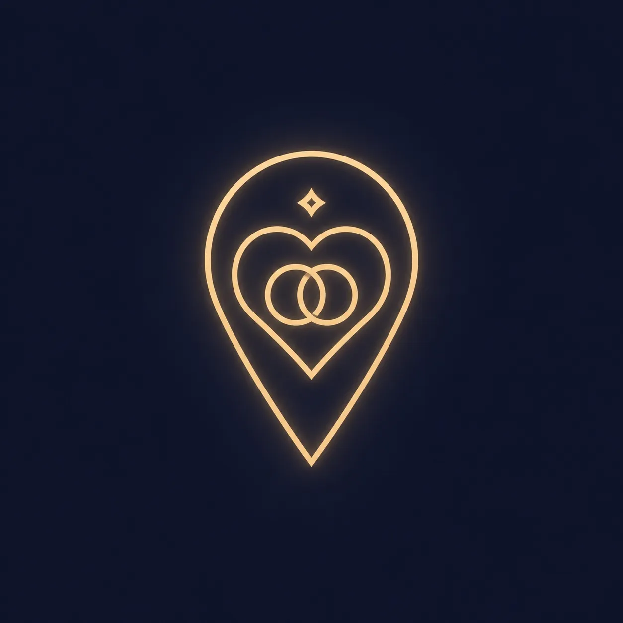 A minimalist glowing golden line-art logo of a location pin containing a heart and interlocking wedding rings, representing premium Toronto wedding limo services.