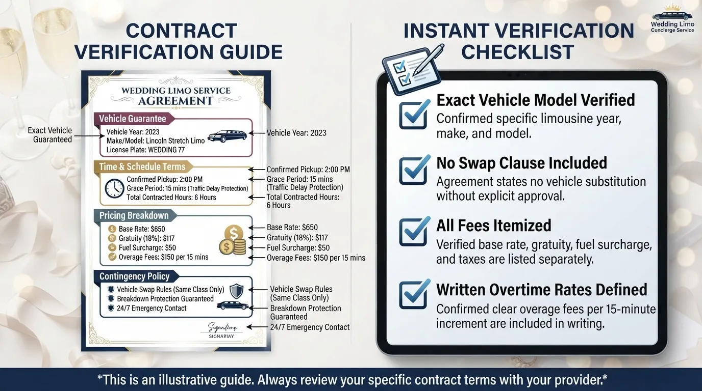 An infographic highlighting a wedding limo service contract verification guide on the left and an instant verification checklist on the right, listing critical contract checks like exact vehicle model, no-swap clause, itemized fees, and overtime rates.