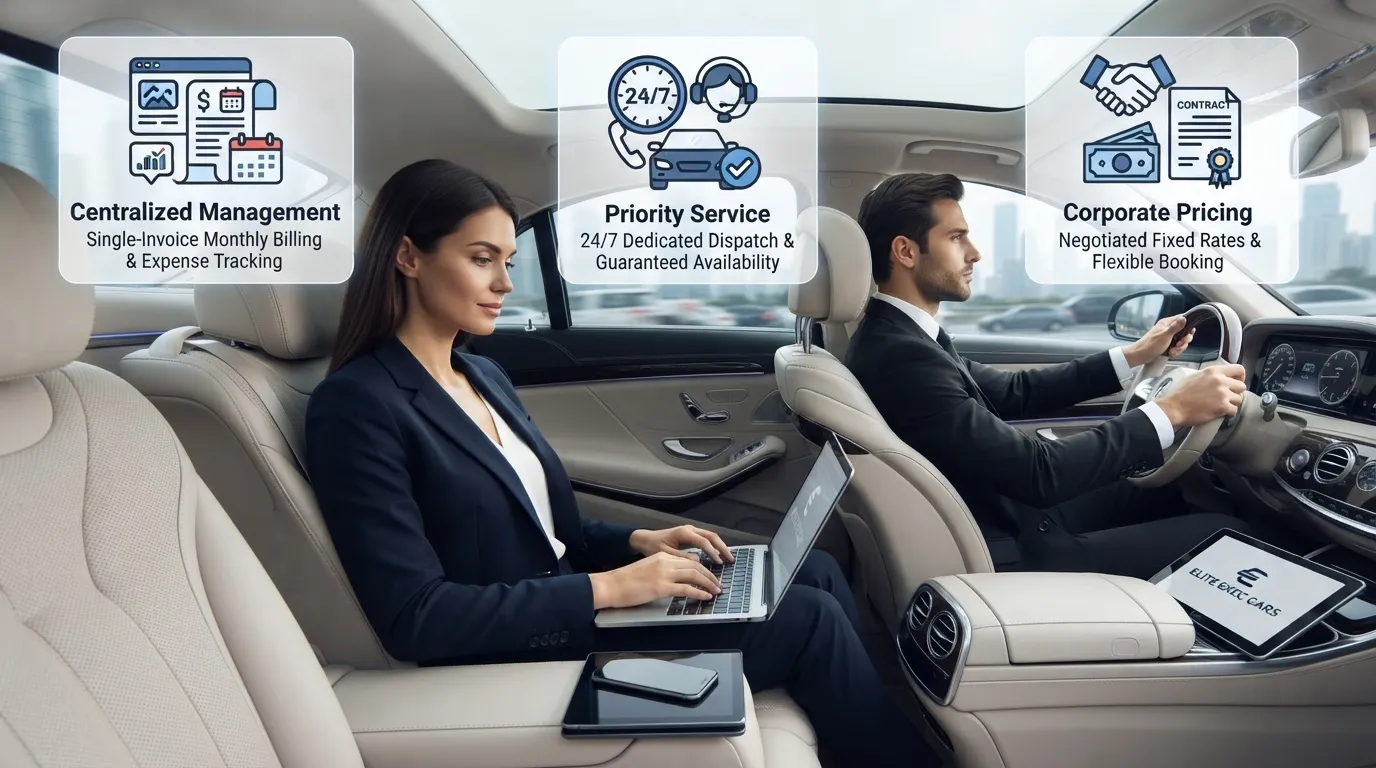 A businesswoman working on a laptop in the back seat of a luxury executive car driven by a professional chauffeur in Toronto, featuring callouts for corporate pricing, priority service, and centralized management.