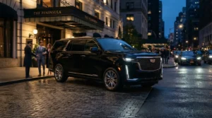 A sleek black Cadillac Escalade SUV parked outside a luxury hotel lobby with a chauffeur greeting executive passengers.