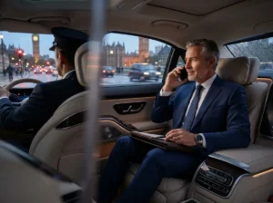 Executive travelling by chauffeured sedan