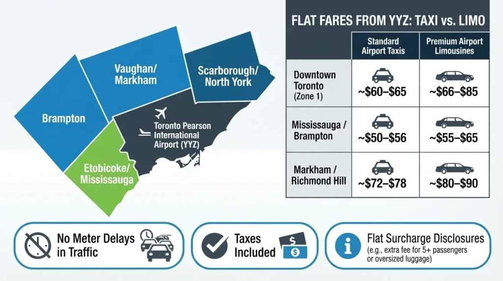 A comparison chart showing flat-rate fares from YYZ airport to various GTA destinations for standard taxis versus premium limousines.