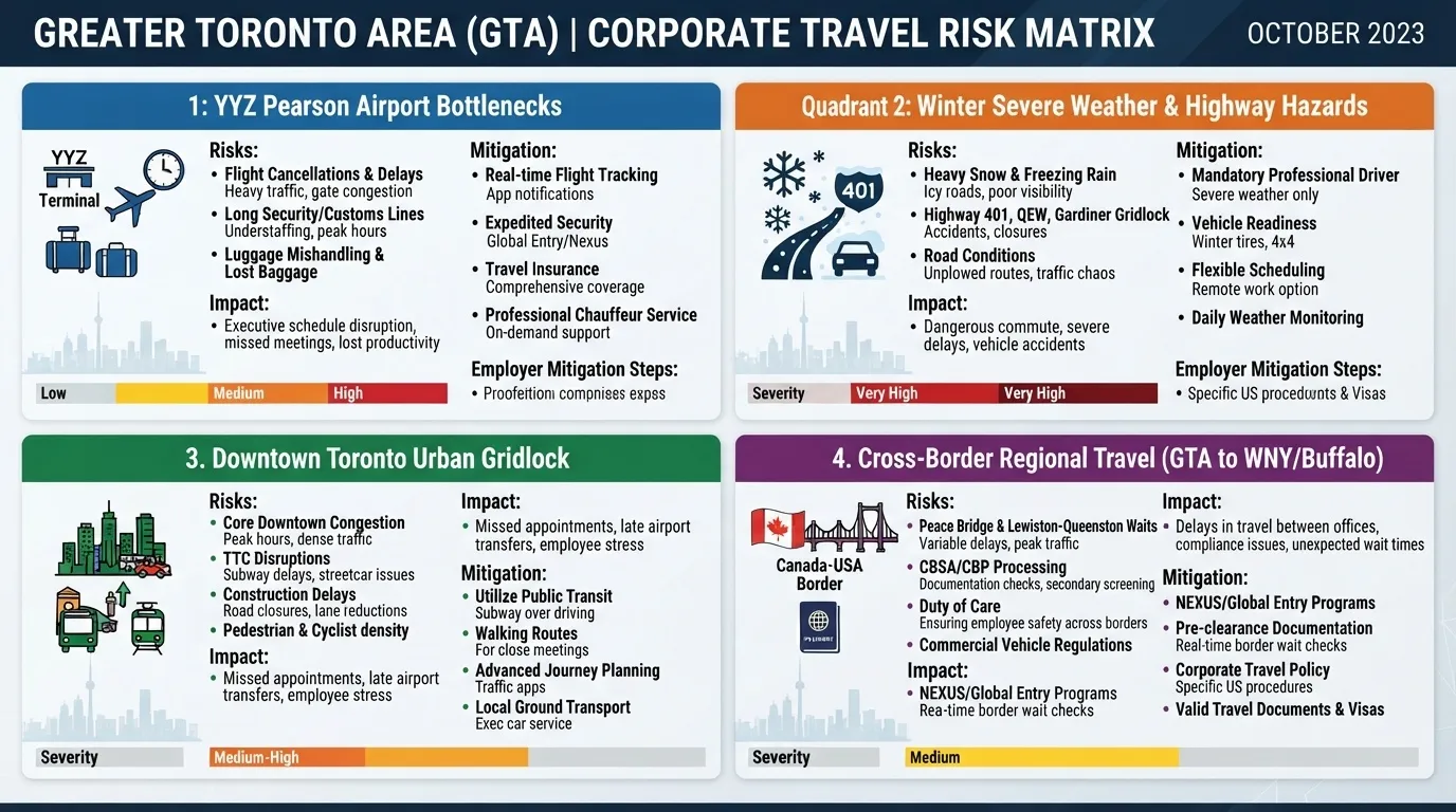 An informative infographic detailing the Greater Toronto Area (GTA) Corporate Travel Risk Matrix, highlighting airport bottlenecks at YYZ Pearson, winter weather hazards, downtown Toronto gridlock, and cross-border regional travel risk mitigations.