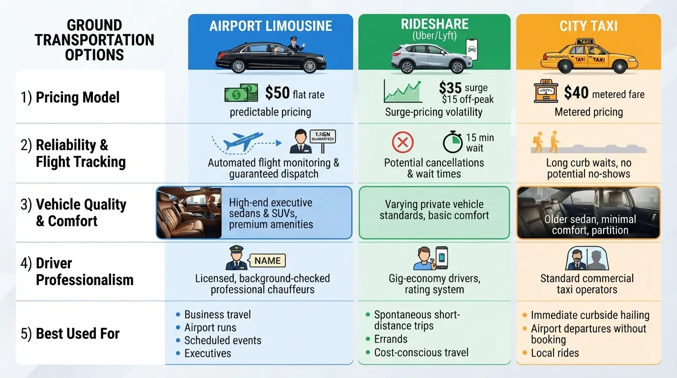 An infographic comparison chart detailing the differences between Airport Limousine, Rideshare, and City Taxi options across pricing, reliability, comfort, professionalism, and ideal use cases.