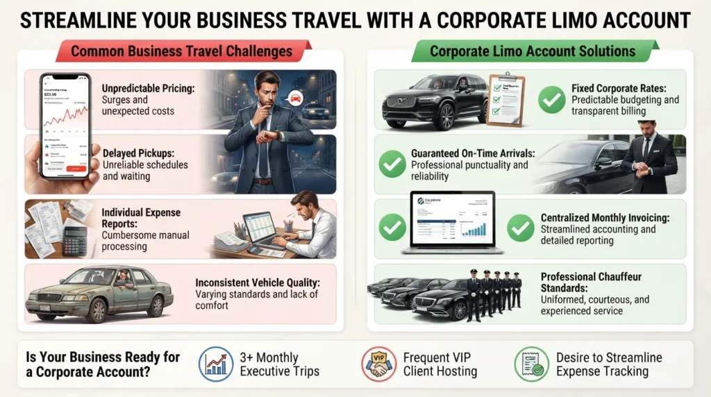 Decision flowchart showing key business factors like executive travel frequency, client meetings, and budget predictability to determine if a corporate limo account is necessary.